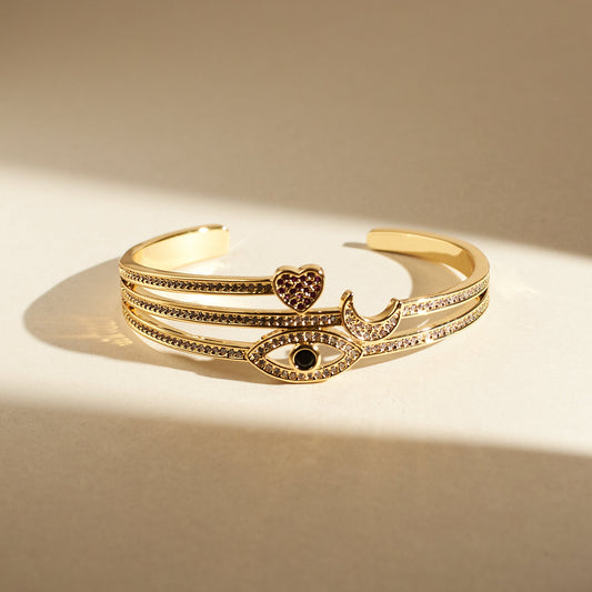 Celestial Love and Eye Charm Gold Cuff