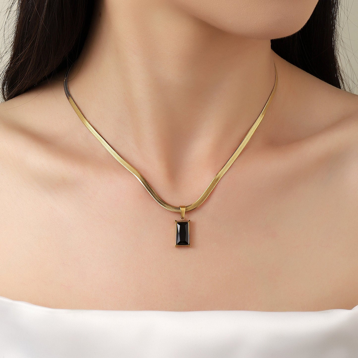 Black Stone Charm Gold Necklace