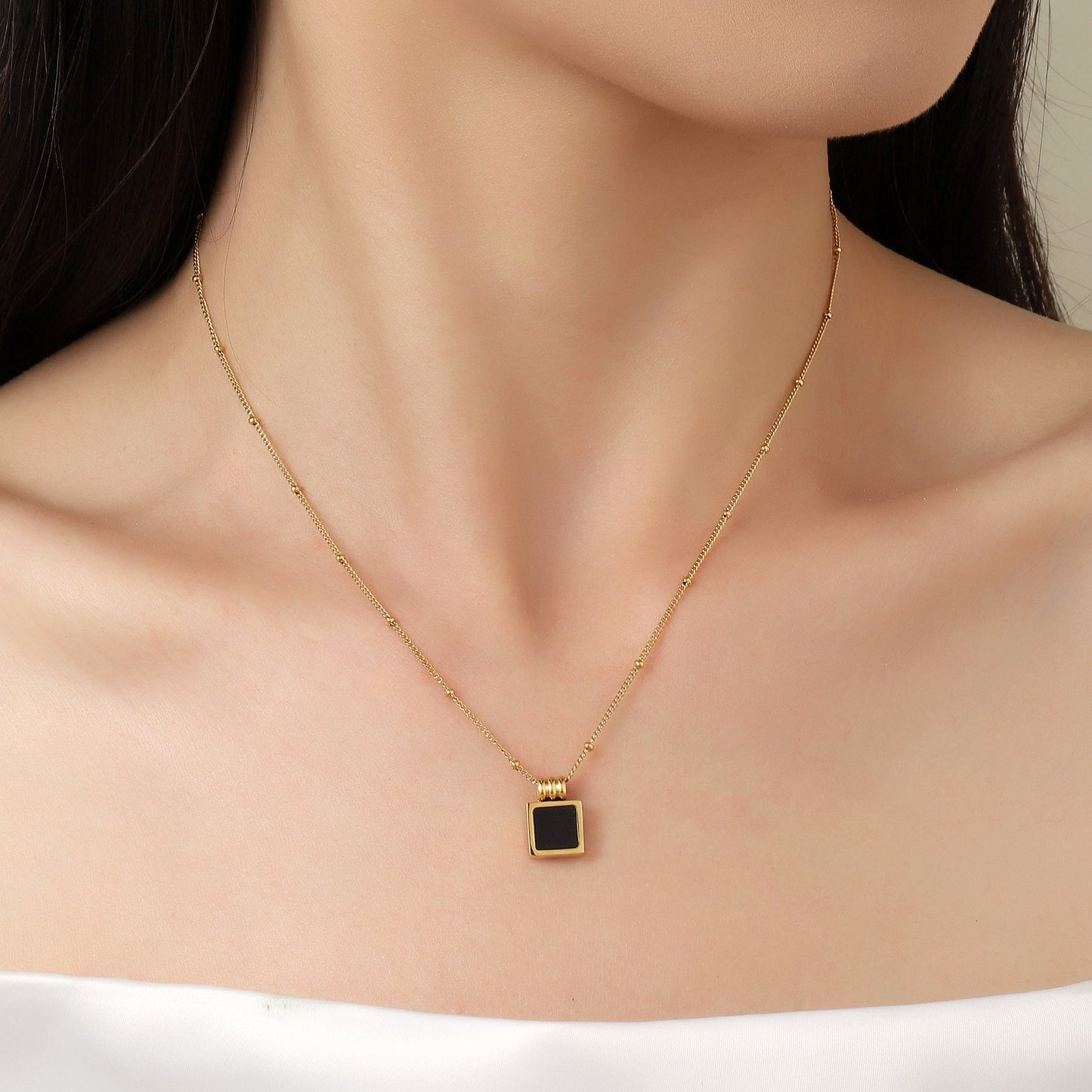 Black Square Charm Gold Necklace