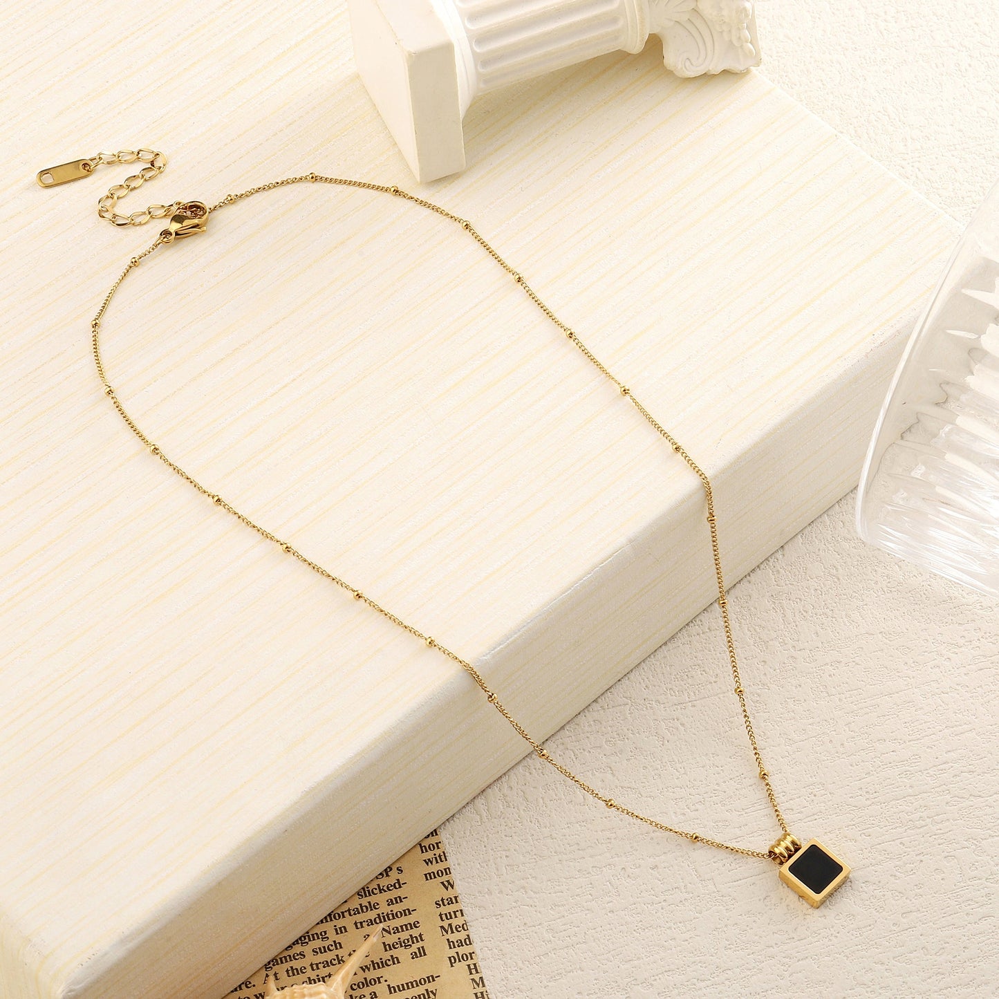 Black Square Charm Gold Necklace