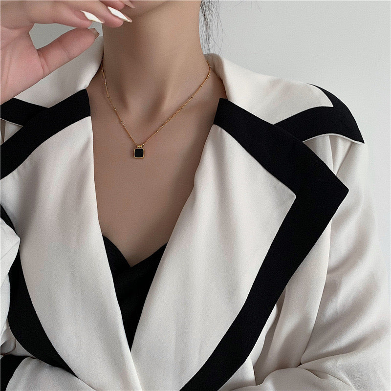 Black Square Charm Gold Necklace