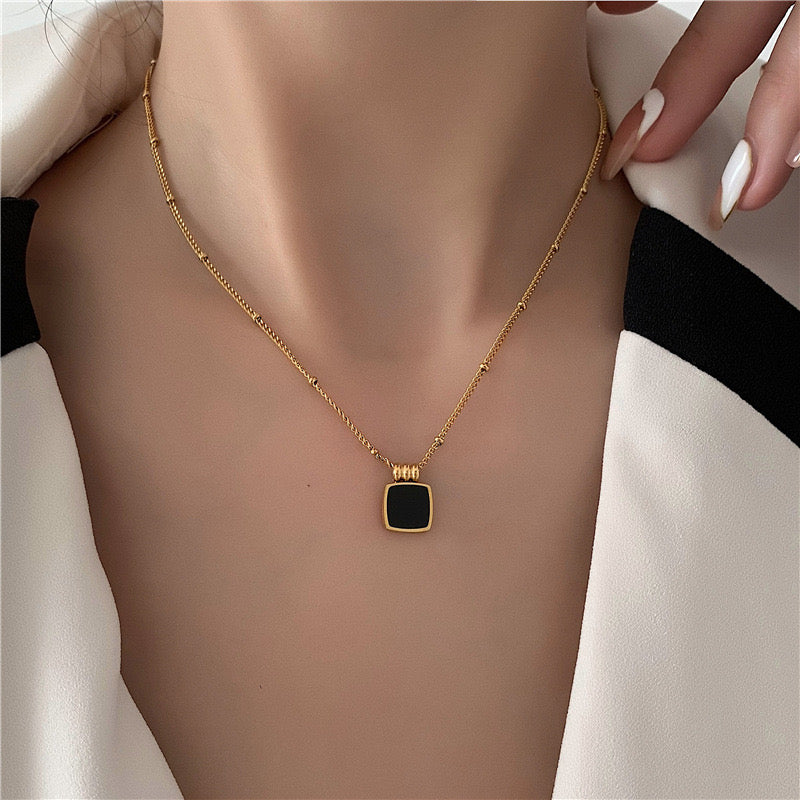 Black Square Charm Gold Necklace