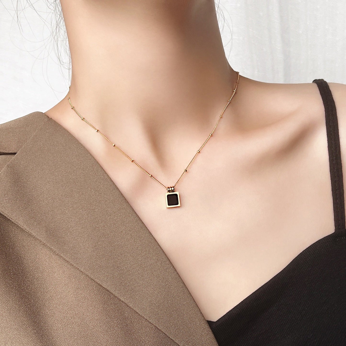 Black Square Charm Gold Necklace