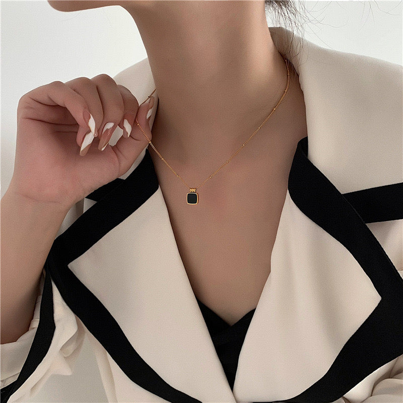 Black Square Charm Gold Necklace