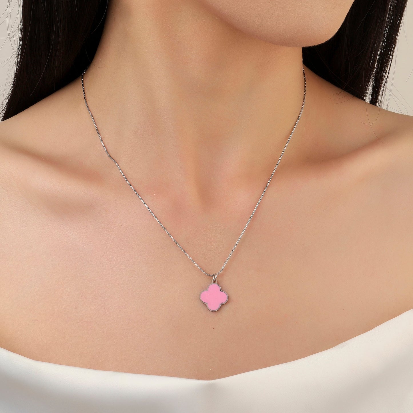 Blush Pink Clover Silver Necklace