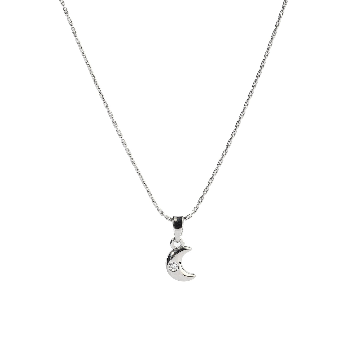 Studded Cresent Moon Silver Necklace