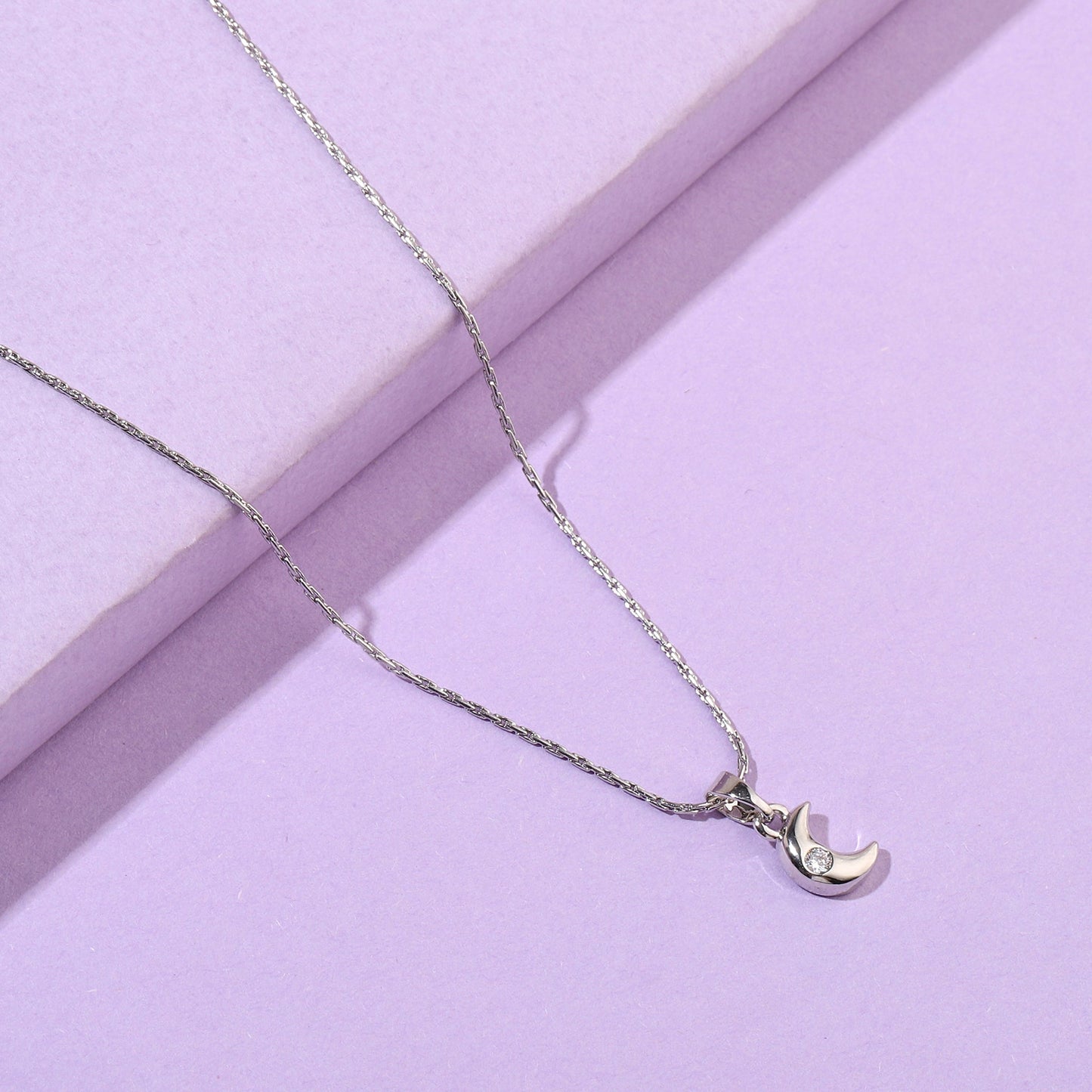 Studded Cresent Moon Silver Necklace