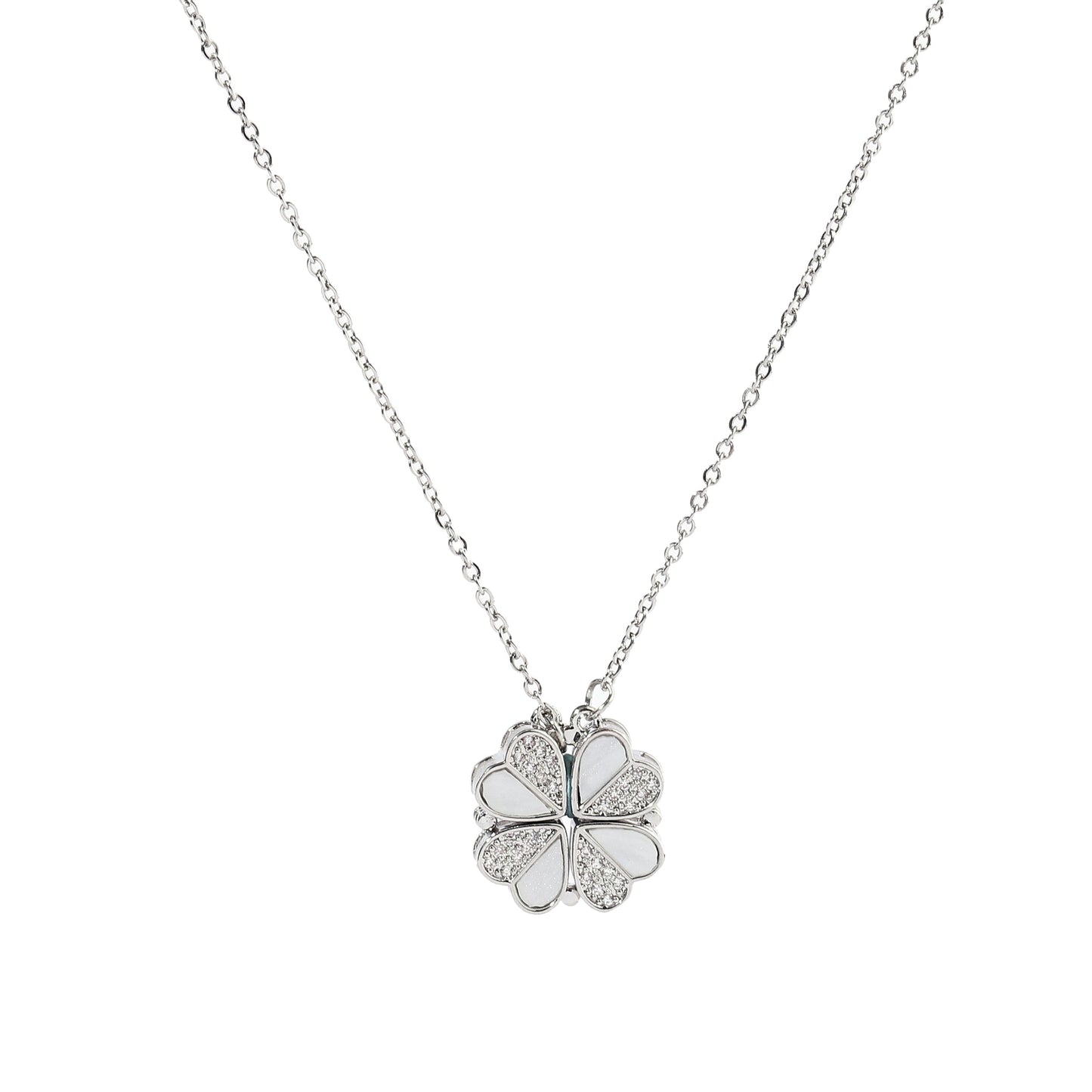 Clover Half n Half Studded Silver Necklace