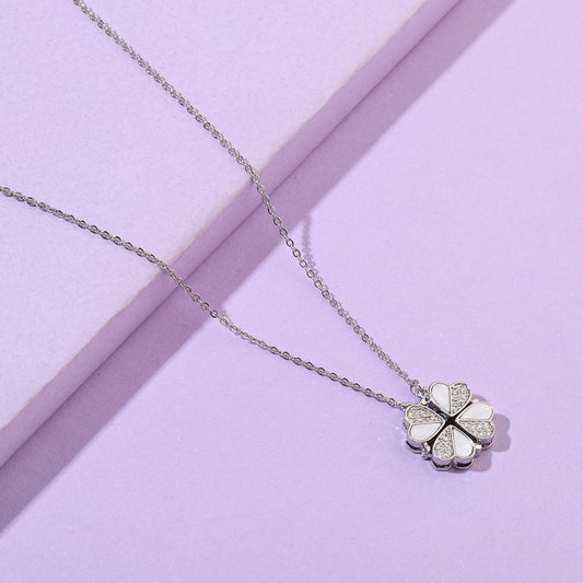 Clover Half n Half Studded Silver Necklace