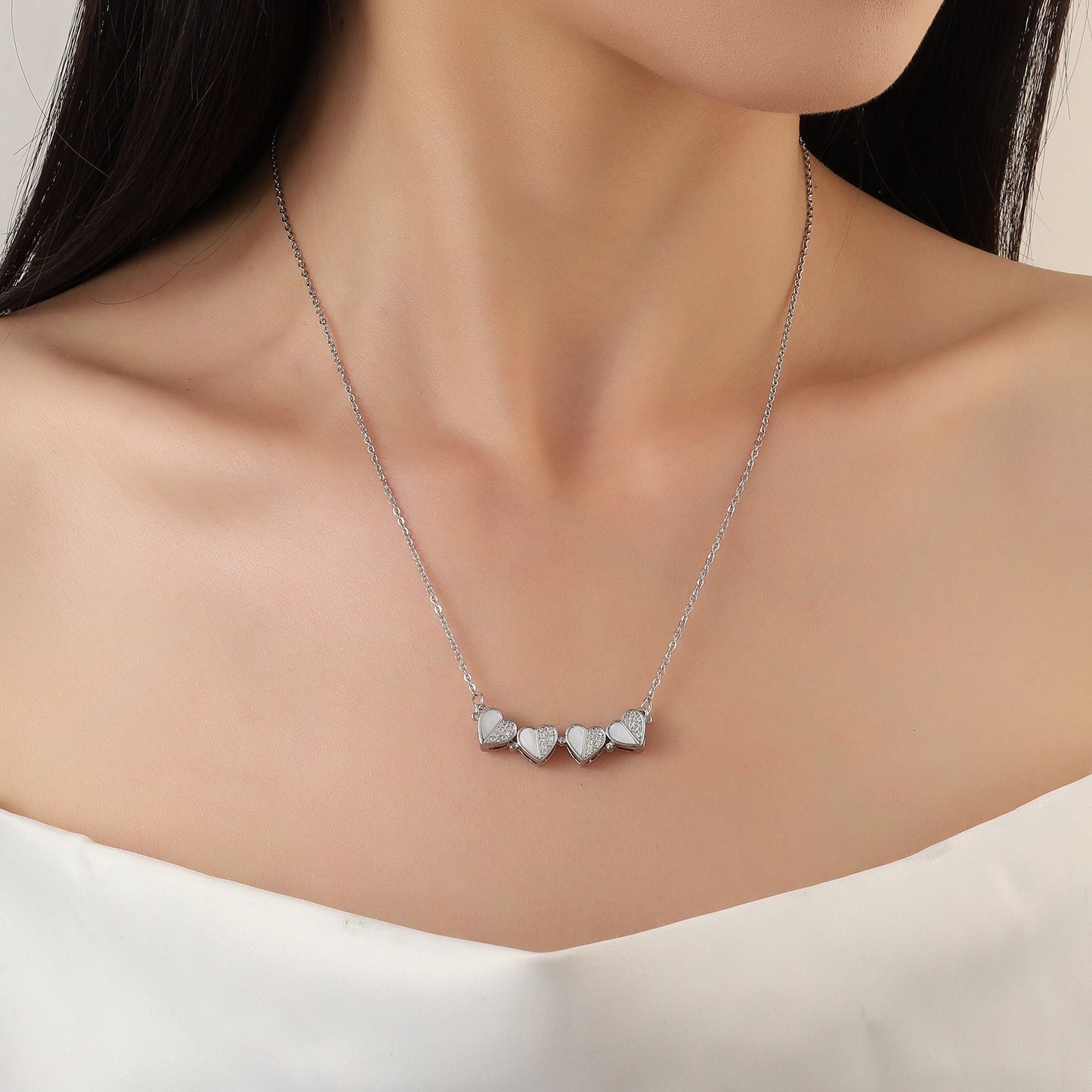 Clover Half n Half Studded Silver Necklace