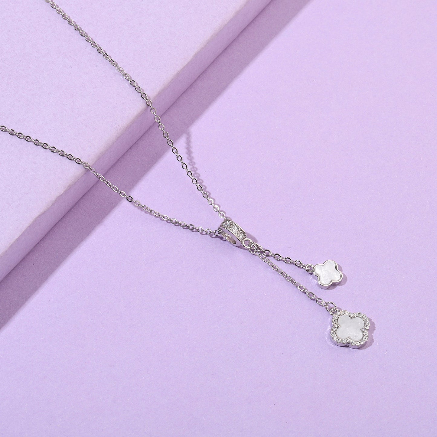 Studded Clover Hanging Silver & White Necklace