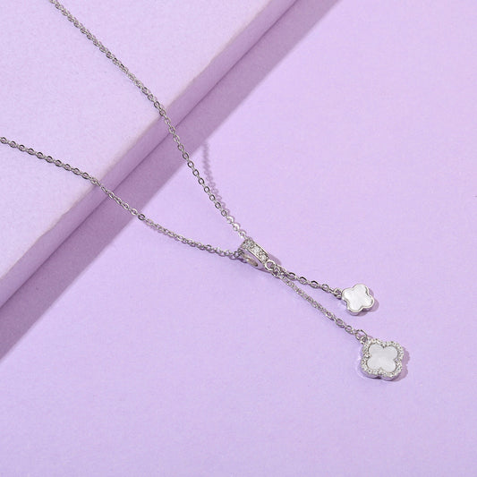 Studded Clover Hanging Silver & White Necklace