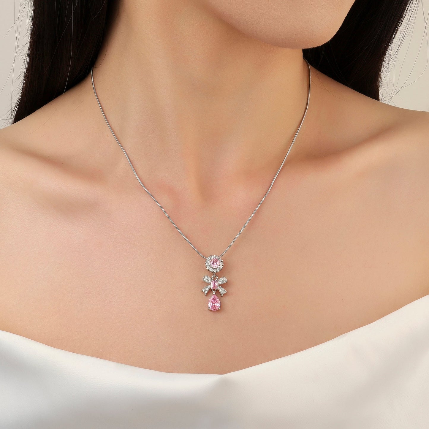 Anemone Pink Crystal Bow Necklace