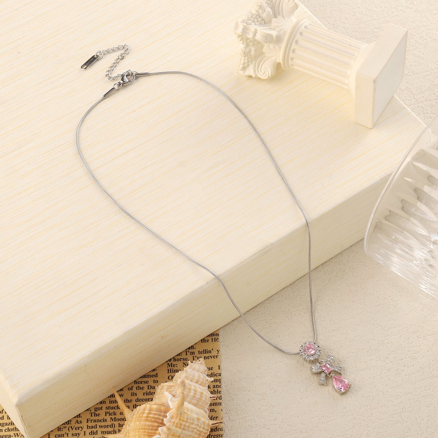 Anemone Pink Crystal Bow Necklace