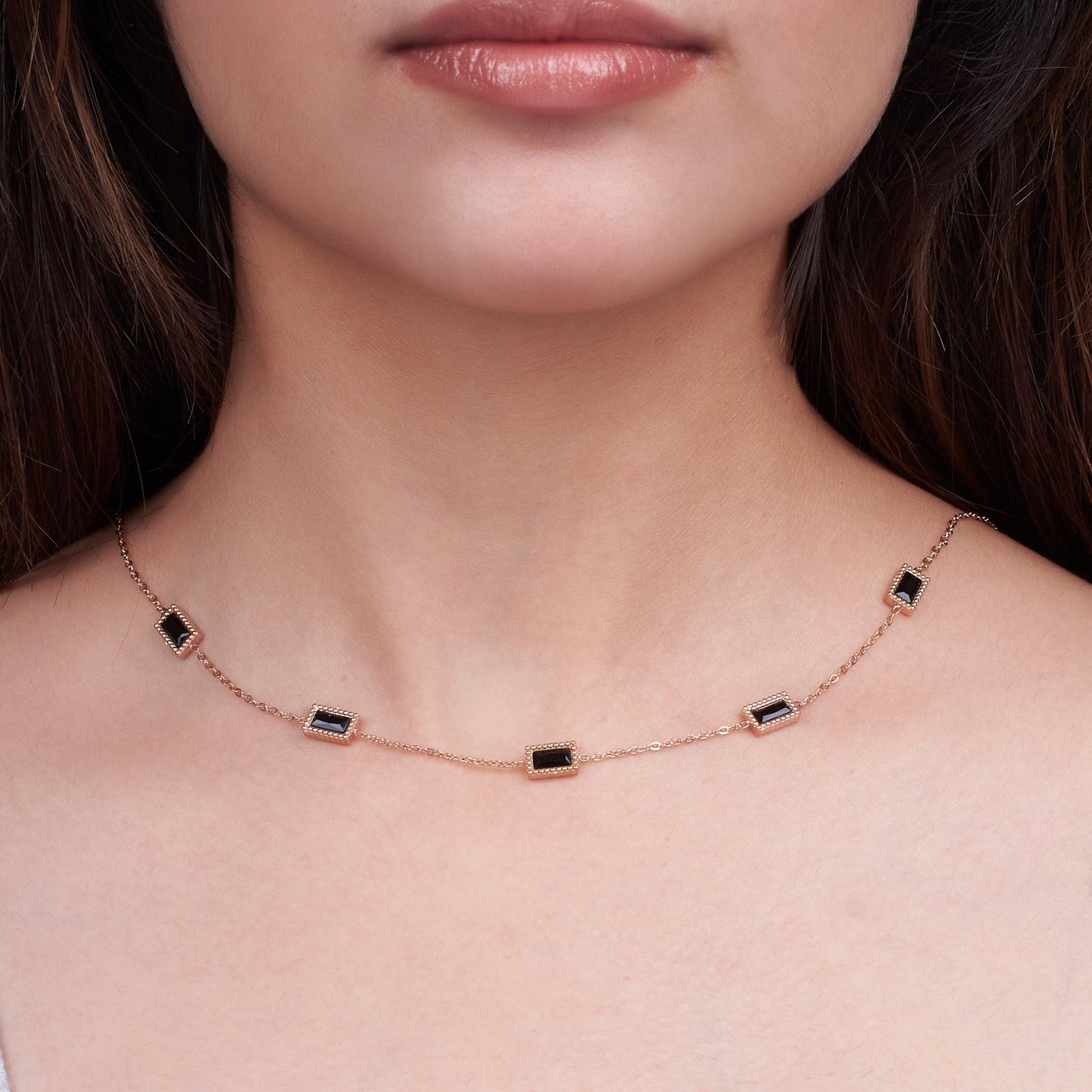 Black Gemstone Link Rosegold Necklace