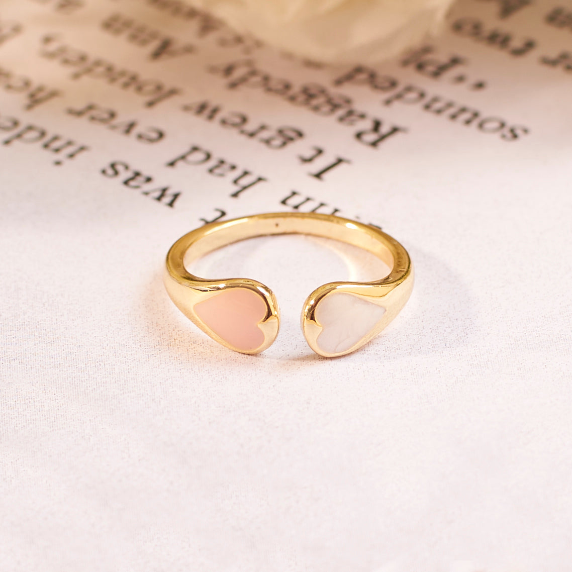 Adele Peach & White Enamel Heart Gold Ring