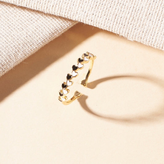 Aarna Black And White Enamel Heart Gold Ring