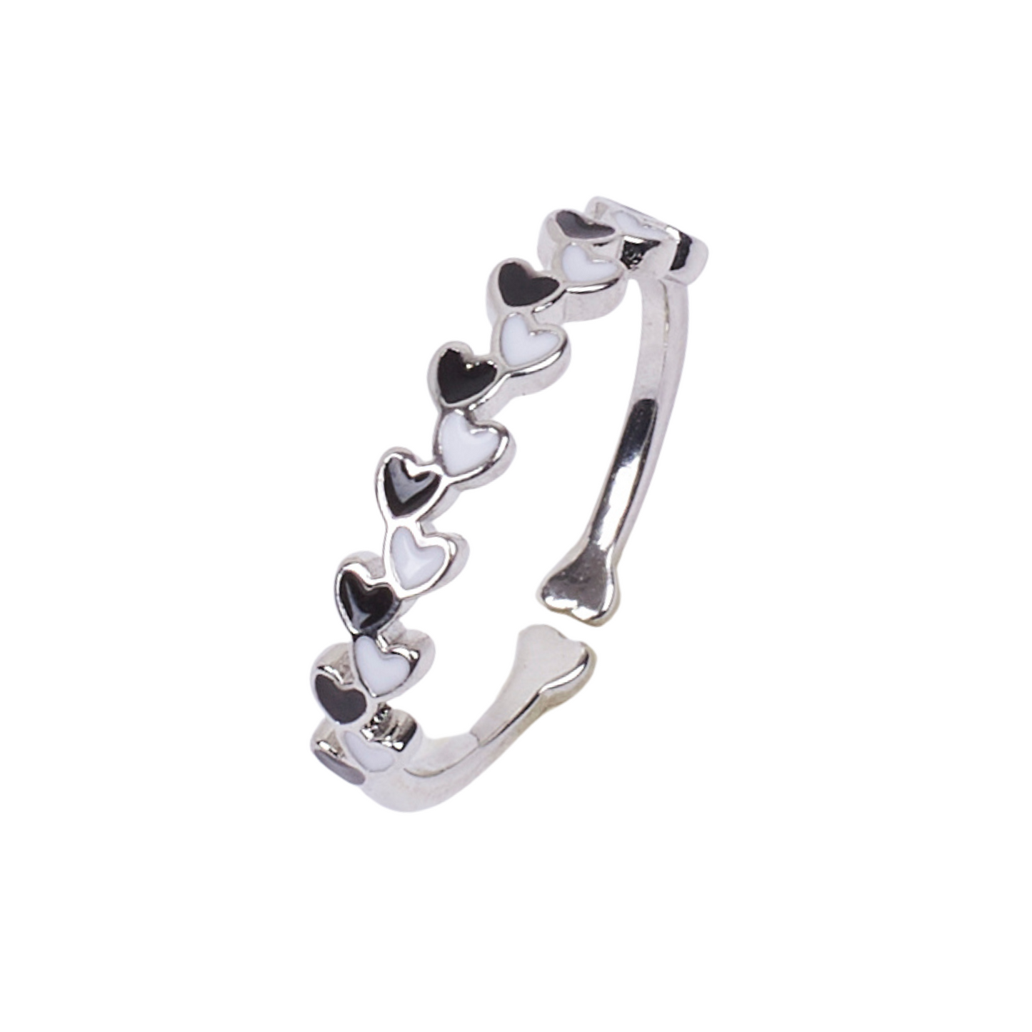 Aarna Black And White Enamel Heart Silver Ring