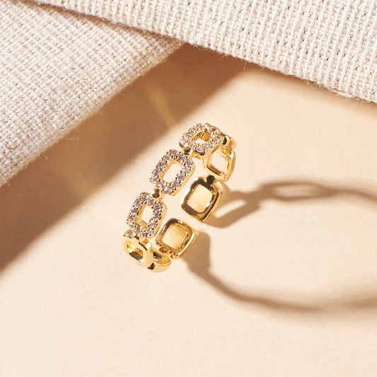 Square Link Studded Gold Ring