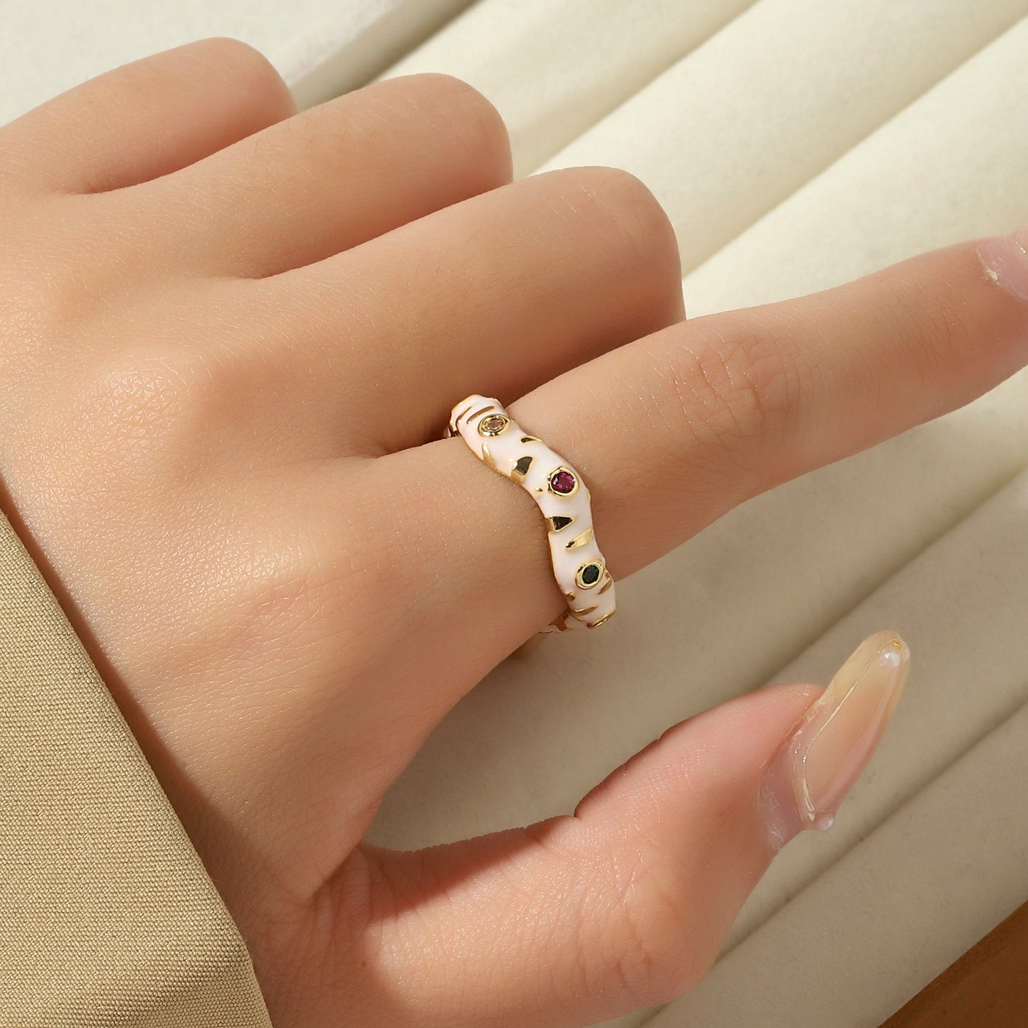 Asel White Enamel Gold Ring